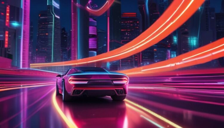 Futuristic car racing on a glowing neon highway at night, with vibrant lights reflecting off its sleek metallic surface, creating a dynamic and high-tech atmosphere.