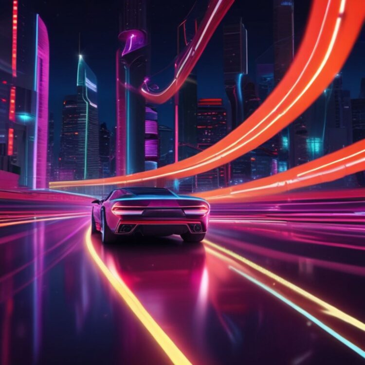 Futuristic car racing on a glowing neon highway at night, with vibrant lights reflecting off its sleek metallic surface, creating a dynamic and high-tech atmosphere.