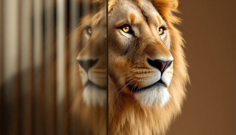 A carefully balanced photograph of a Regal Lion arranged in an elegant, slightly off-center composition. Its Golden Sand and Deep Amber fur with intricate details stands out vividly. Positioned to the left, part of the object is subtly distorted behind a rippled glass panel, creating an abstract reflection effect. The cool, muted Desert Brown background enhances the refined, modern aesthetic. Studio lighting highlights textures while maintaining delicate shadows, capturing a blend of festive charm and minimalism.