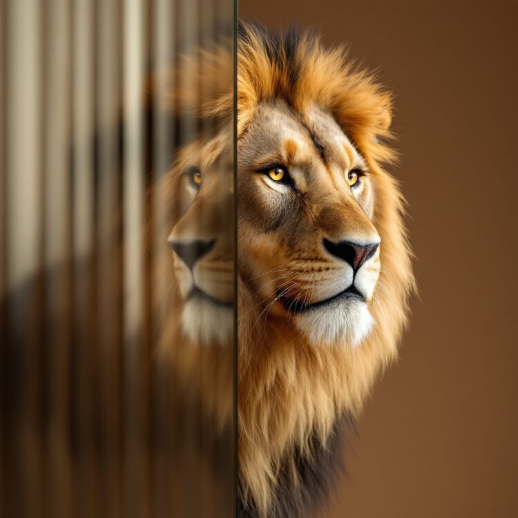 A carefully balanced photograph of a Regal Lion arranged in an elegant, slightly off-center composition. Its Golden Sand and Deep Amber fur with intricate details stands out vividly. Positioned to the left, part of the object is subtly distorted behind a rippled glass panel, creating an abstract reflection effect. The cool, muted Desert Brown background enhances the refined, modern aesthetic. Studio lighting highlights textures while maintaining delicate shadows, capturing a blend of festive charm and minimalism.