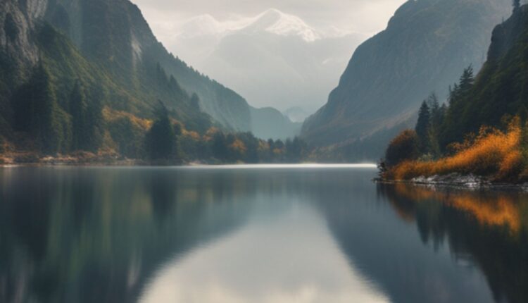 A mountain view with a river flowing through a valley.