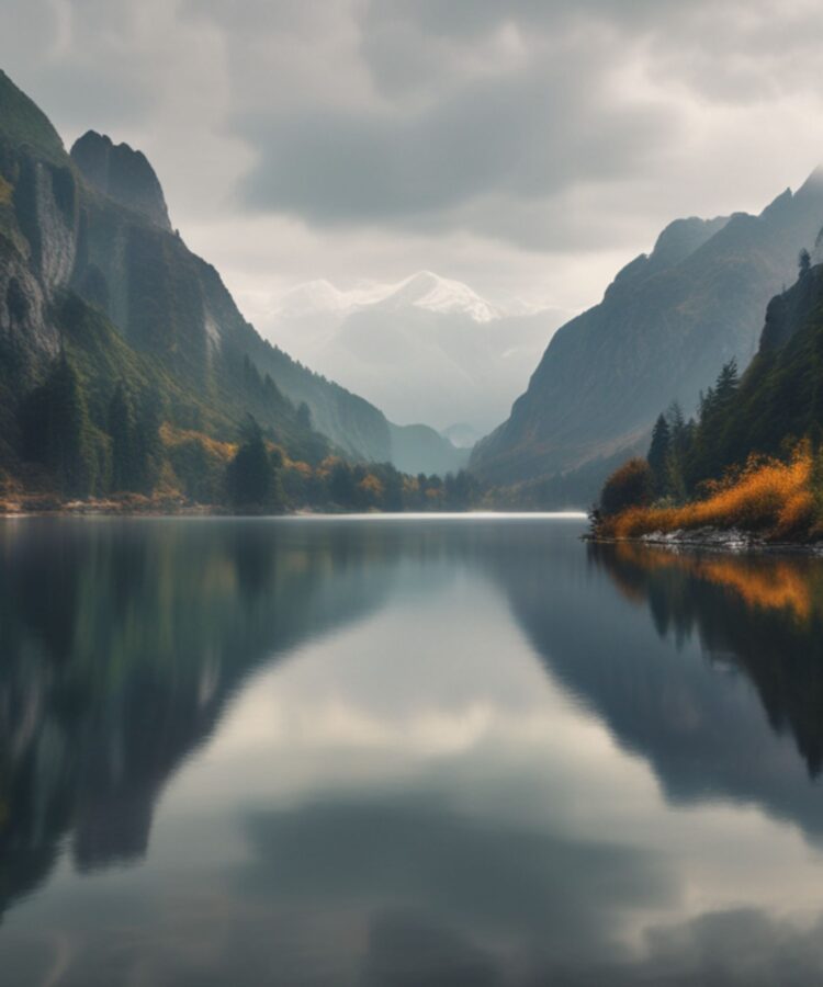 A mountain view with a river flowing through a valley.