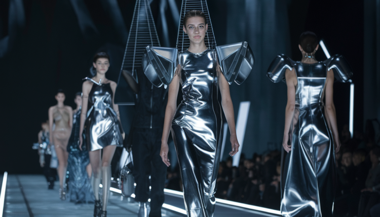 Models showcase avant-garde, futuristic fashion on a sleek runway.