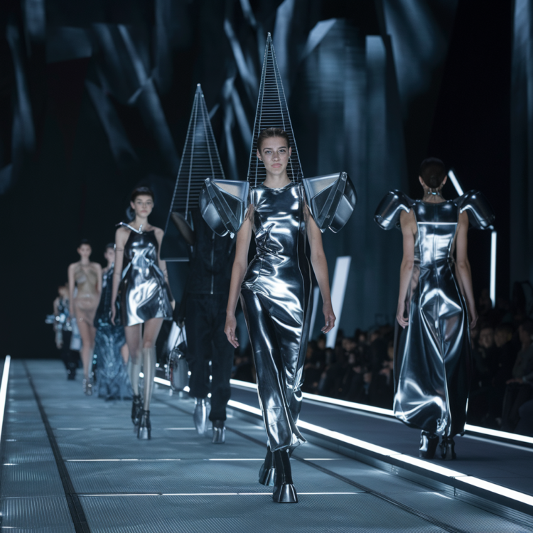 Models showcase avant-garde, futuristic fashion on a sleek runway.