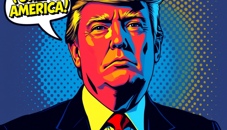 Bold Pop Art-style portrait of Donald Trump featuring sharp outlines, vibrant colors like electric blue, fiery red, and golden yellow, with a speech bubble saying 'GREAT AMERICA' in bold yellow letters outlined in black. Retro Ben-Day dots add texture to the background.