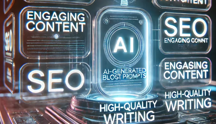 DALL·E 2025 02 06 00.44.41 A futuristic digital interface showcasing AI generated blog post prompts on a sleek high tech screen. The interface features glowing keywords like S | Promptrr.io