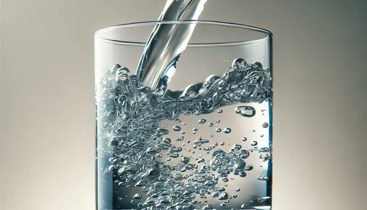 DALL·E 2025 02 07 16.32.36 A realistic depiction of water being poured into a clear glass. The water is mid pour creating a natural splash effect with bubbles and ripples formi | Promptrr.io