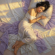 An Asian woman lying on her side on a white and pale purple fabric