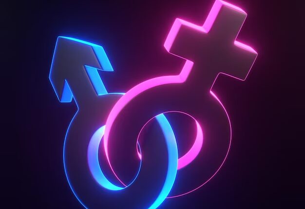 male female symbols joined together with bright glowing blue neon lights black background 3d 989822 | Promptrr.io